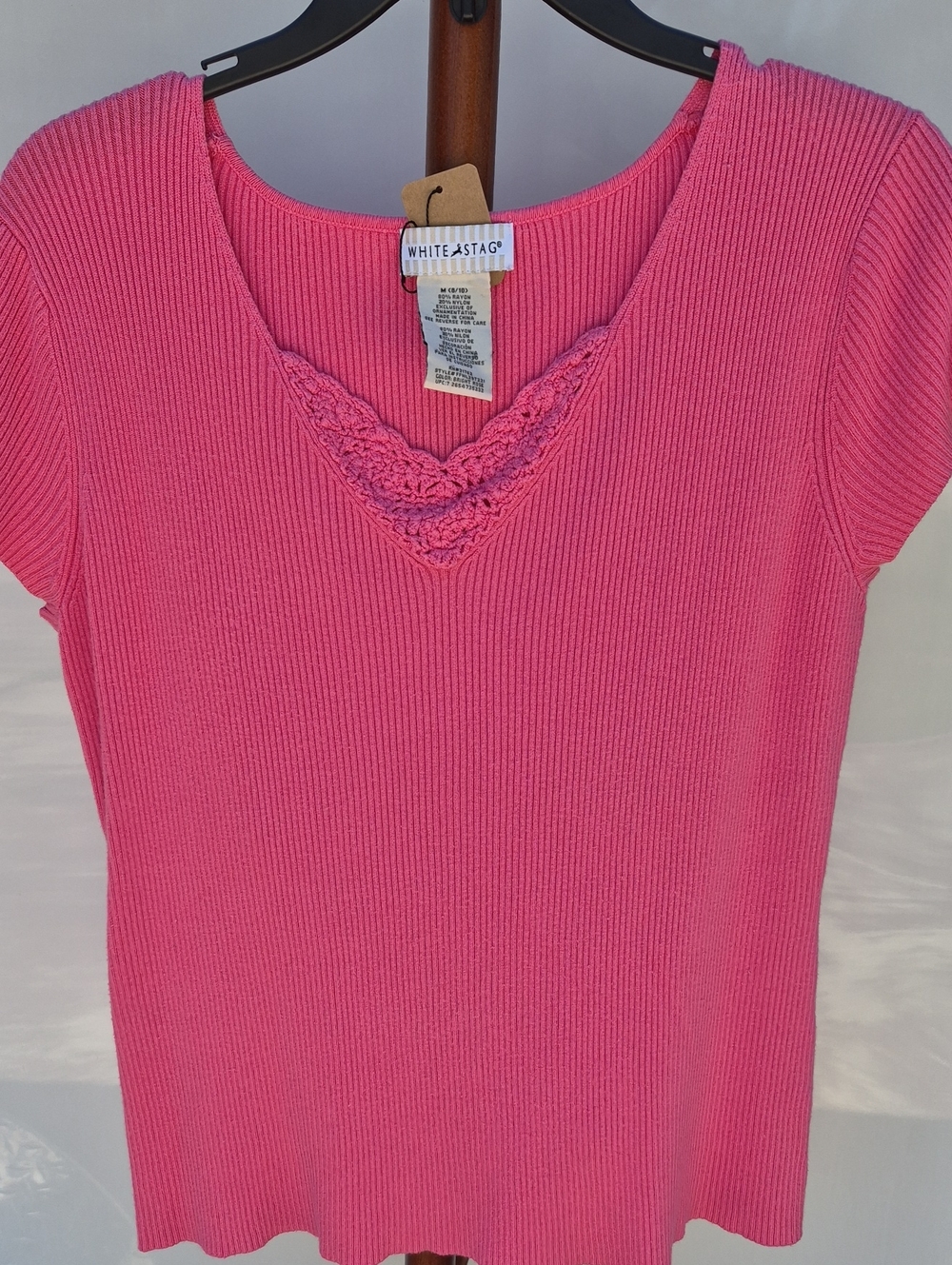 White Stag Hot Pink Ribbed Short Sleeve Top with Crochet V-Neck
